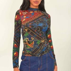 NWT Farm Rio Black Mixed Arabesque Scarves Jersey Blouse Size XS